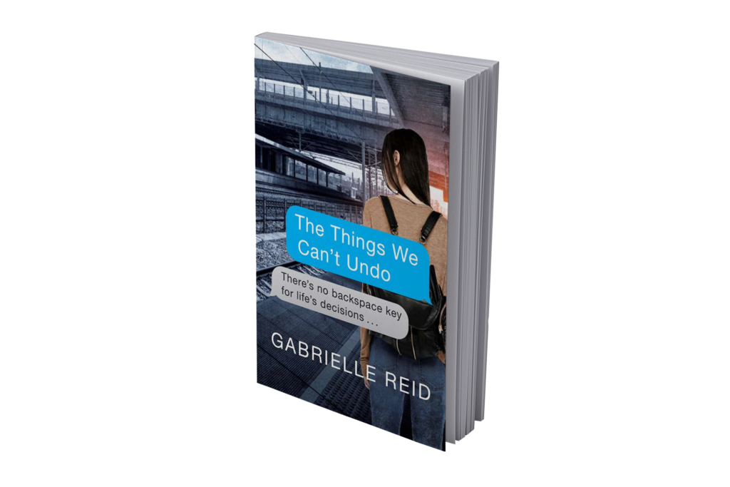 A paperback novel. The cover features a girl with a backpack on a train station and the text "the things we can't undo" and "there's no backspace key for life's decisions" in text bubbles to replicate a mobile phone message.